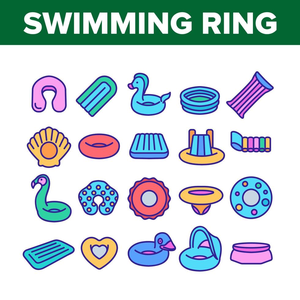 conjunto de iconos de colchón de piscina y anillo de natación vector