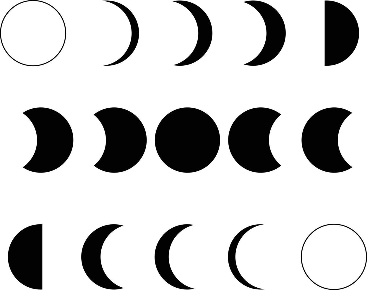 icono negro de las fases lunares sobre fondo blanco. signo de fases lunares. el sol un símbolo de eclipse solar. el logo de la astronomía de la fase lunar. estilo plano vector