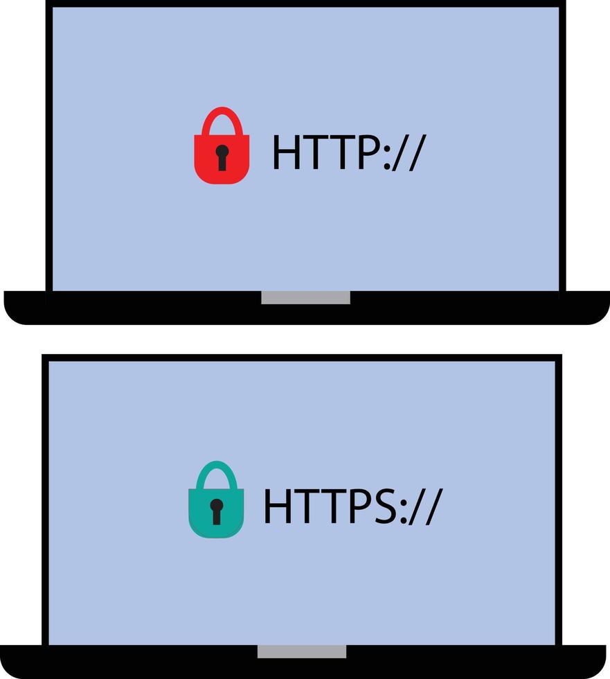 Protocolos http y https sobre fondo blanco. signo de cifrado de datos y navegación web segura. símbolo https seguro y protegido. estilo plano vector