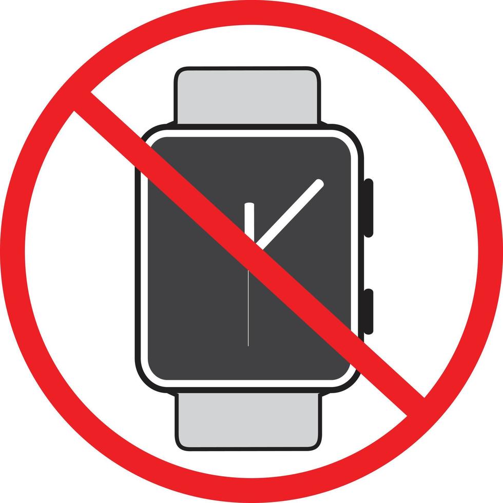 signo prohibido con icono de reloj sobre fondo blanco. no permita ninguna señal de reloj de pulsera. señal de prohibición para el reloj. estilo plano vector