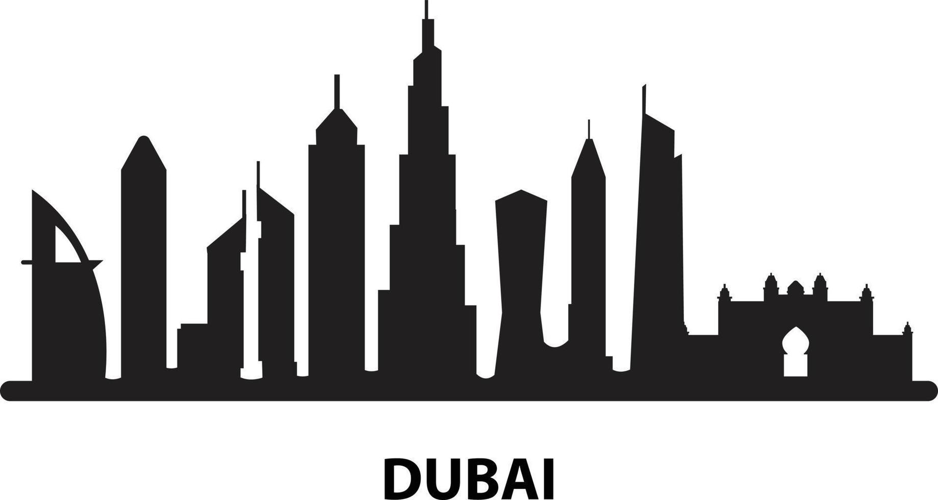 ciudad de dubai negra sobre fondo blanco. horizonte de dubai y señal de puntos de referencia. símbolo de la ciudad de dubai de los emiratos árabes. silueta del horizonte de Dubai, Emiratos Árabes Unidos. estilo plano vector