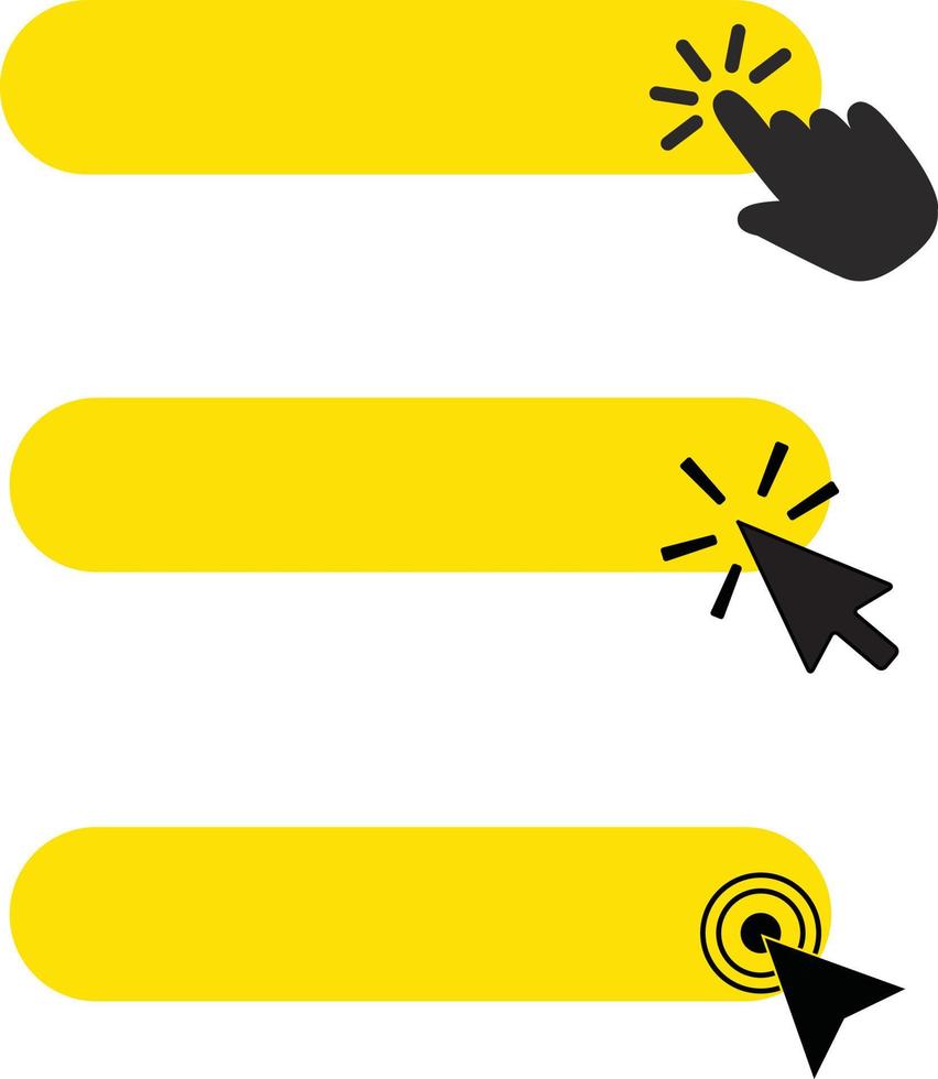 blank click here yellow button on white background. click here button with hand clicking and arrow sign. blank yellow button. flat style. vector