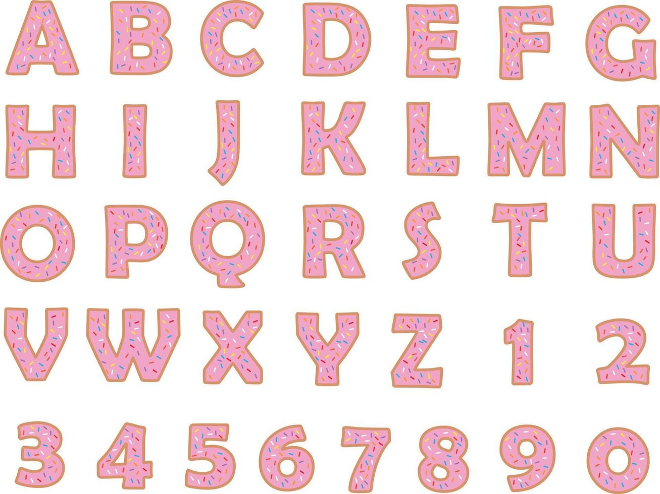 Donut alphabet and numbers on white background. Bakery sweet tasty font. Pink letters and numbers. vector