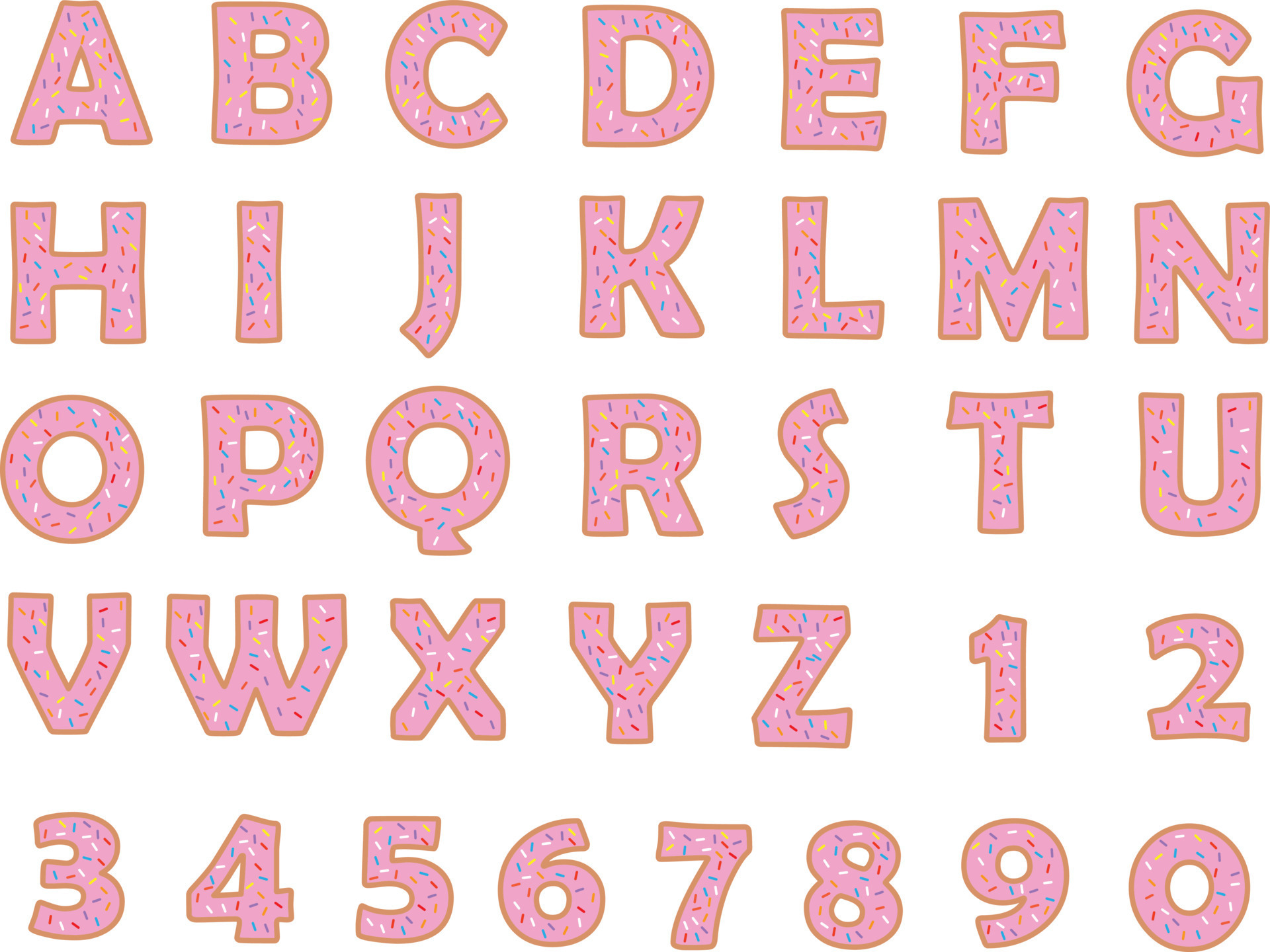 Donut alphabet and numbers on white background. Bakery sweet tasty font