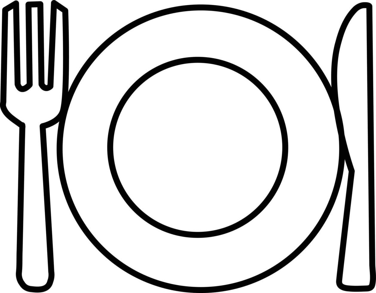 plate, fork and knife line icon on white background. dinner dishes sign. cutlery symbol. vector