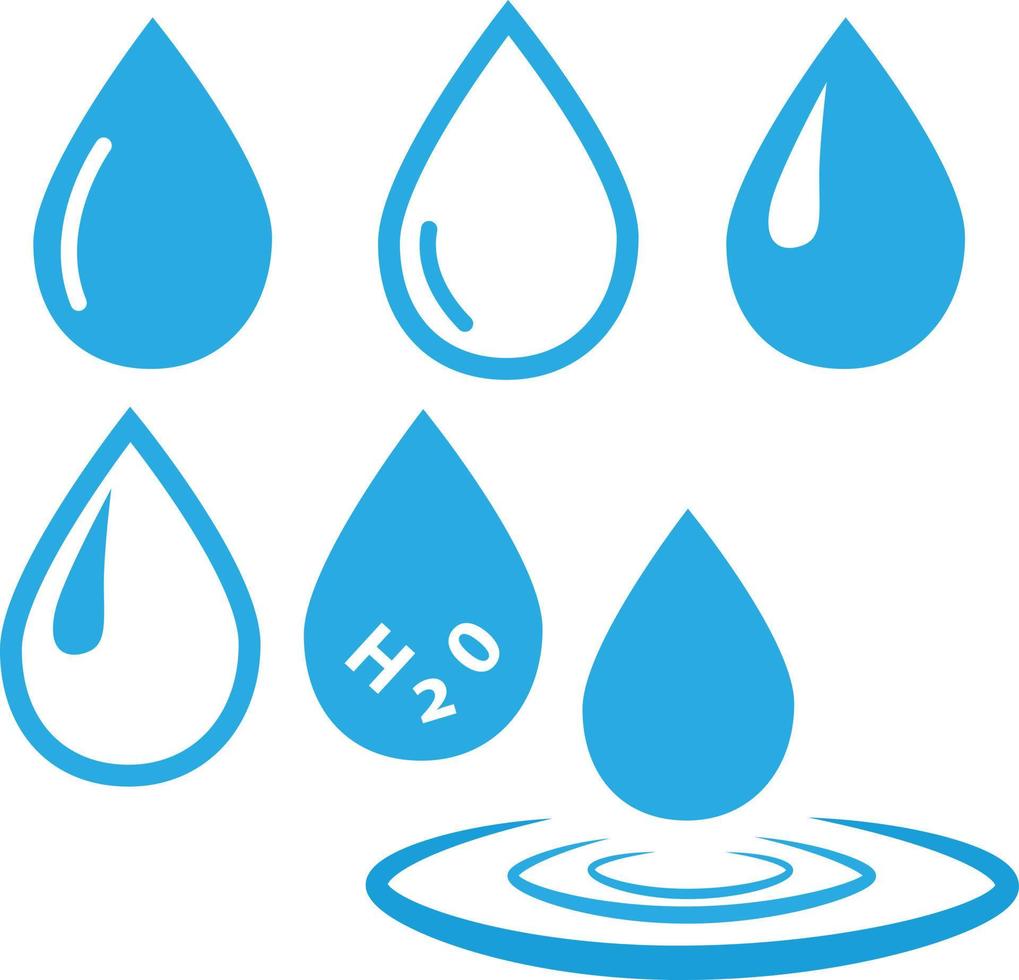 conjunto abstracto de iconos de gota de agua azul sobre fondo blanco. signo de gota de agua azul. logotipo de gota gota de agua azul y símbolo de salpicadura. estilo plano vector