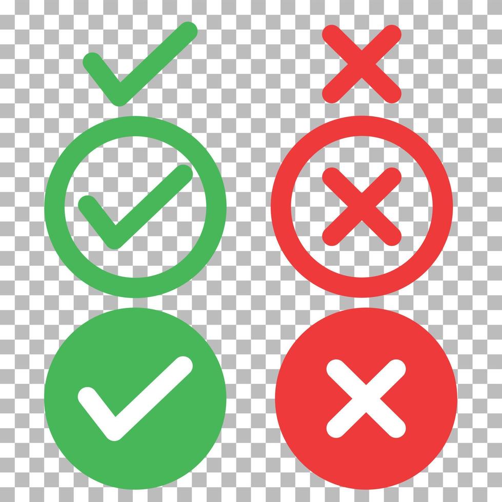 Set of check mark icon on a transparent background. Checkmark cross symbol. Checkmark right symbol tick sign. flat style. vector