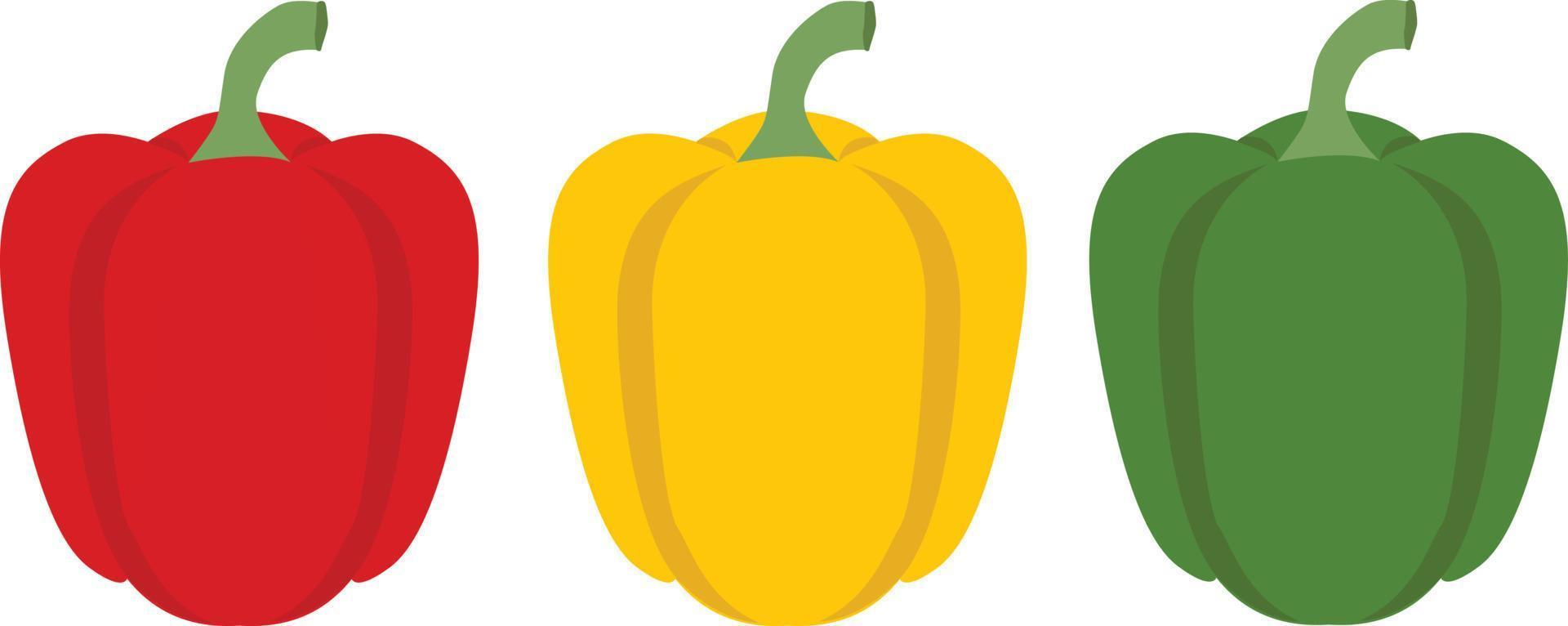 conjunto de tres pimientos sobre fondo blanco. signo de pimiento rojo, amarillo y verde. conjunto de logo de pimienta. símbolo de pimienta. estilo plano vector