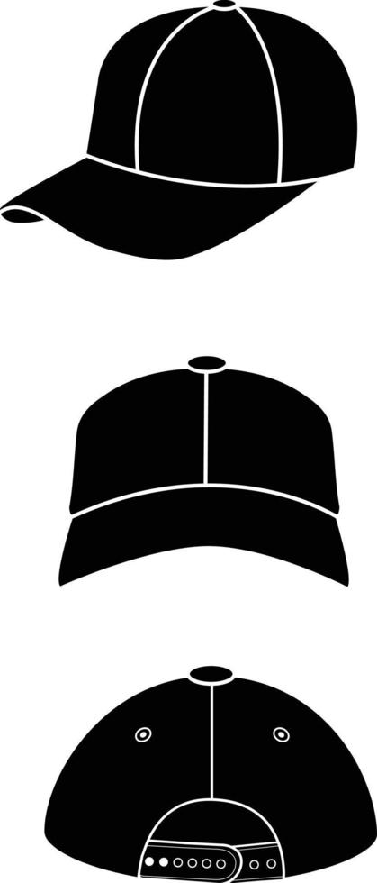 realistic back front and side view white baseball cap. baseball cap black template. sport caps sign. flat style. vector