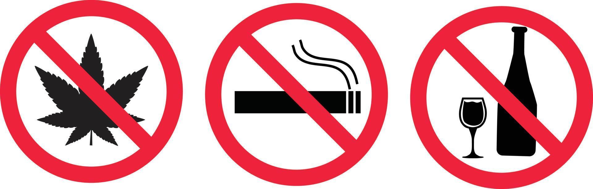 Set of prohibiting signs on white background. do not smoke, no alcohol, no drugs symbol. prohibition of alcoholic beverages sign. No Hemp logo. flat style. vector