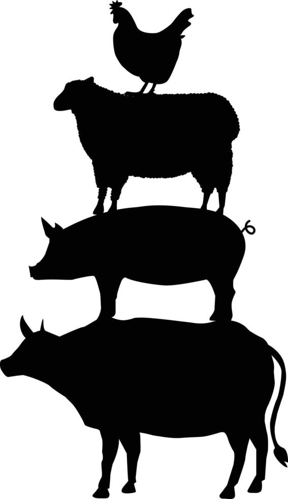 vaca, cerdo, oveja, gallo se paran unos sobre otros. animal de granja. estilo plano vector