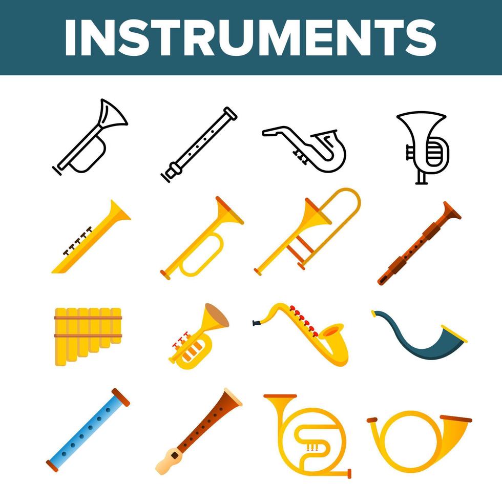 Conjunto de iconos de color de vector de instrumentos musicales de viento