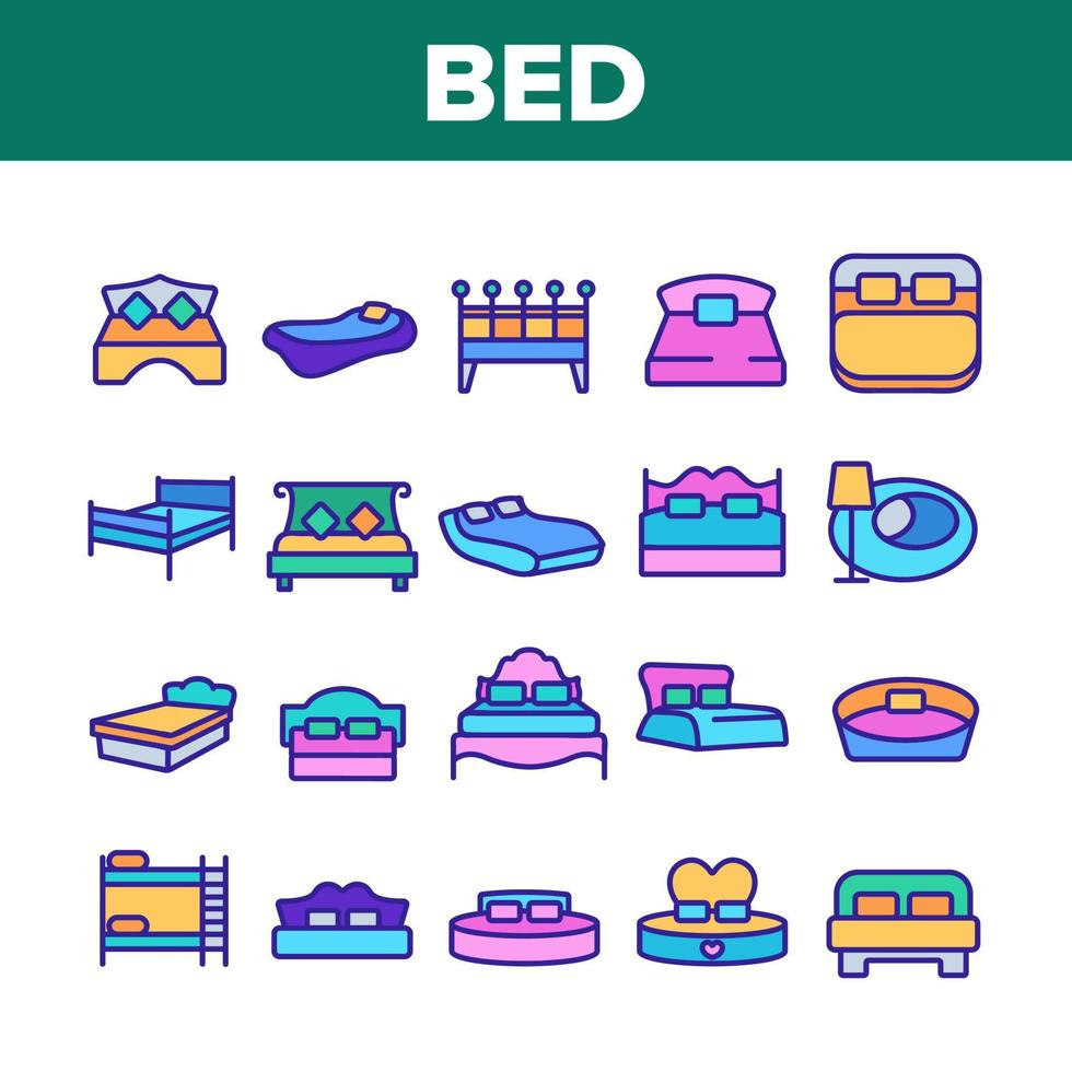 Bed Bedroom Furniture Collection Icons Set Vector