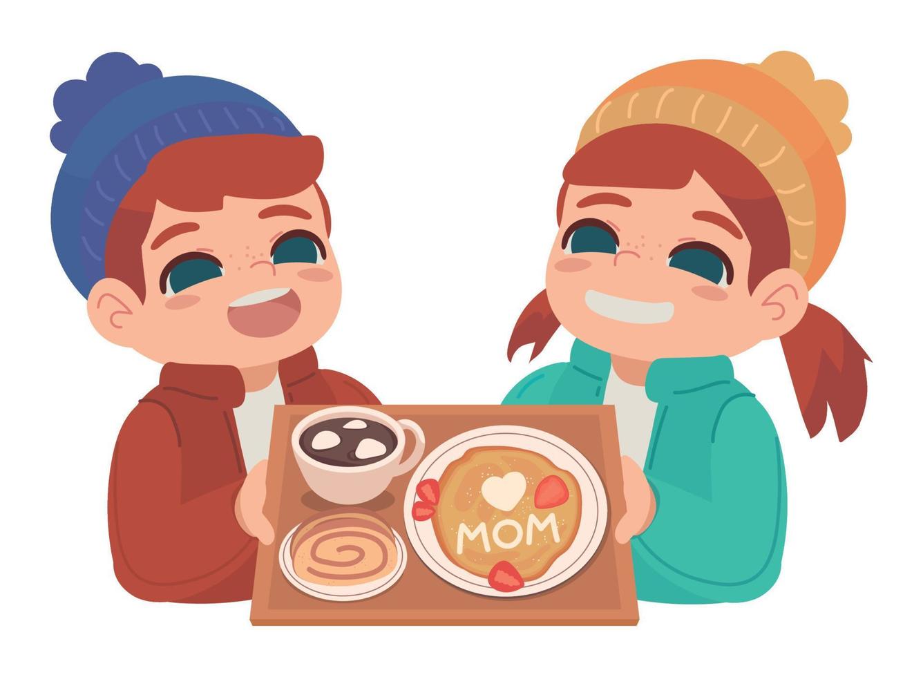 niños con desayuno para mamá vector