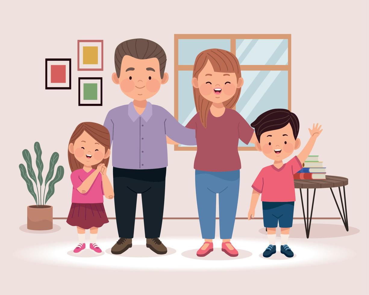 couple and kids in house vector