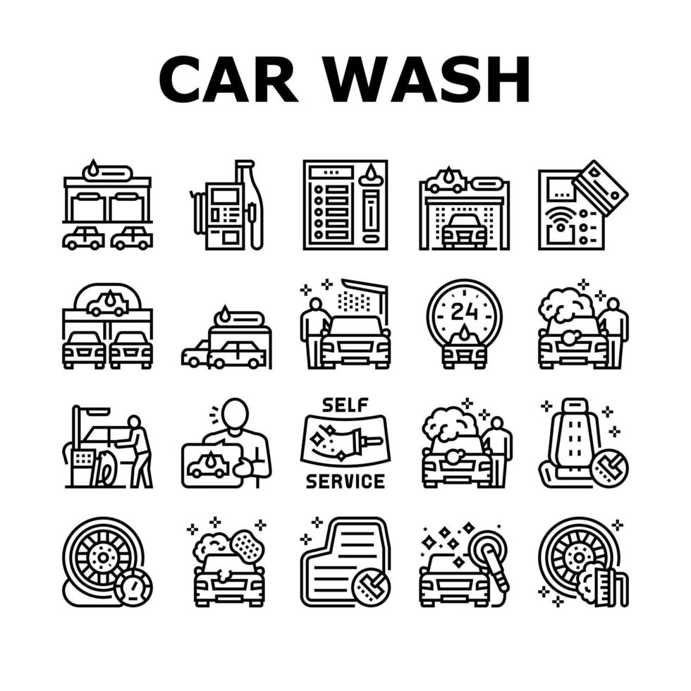 Self Service Car Wash Collection Icons Set Vector