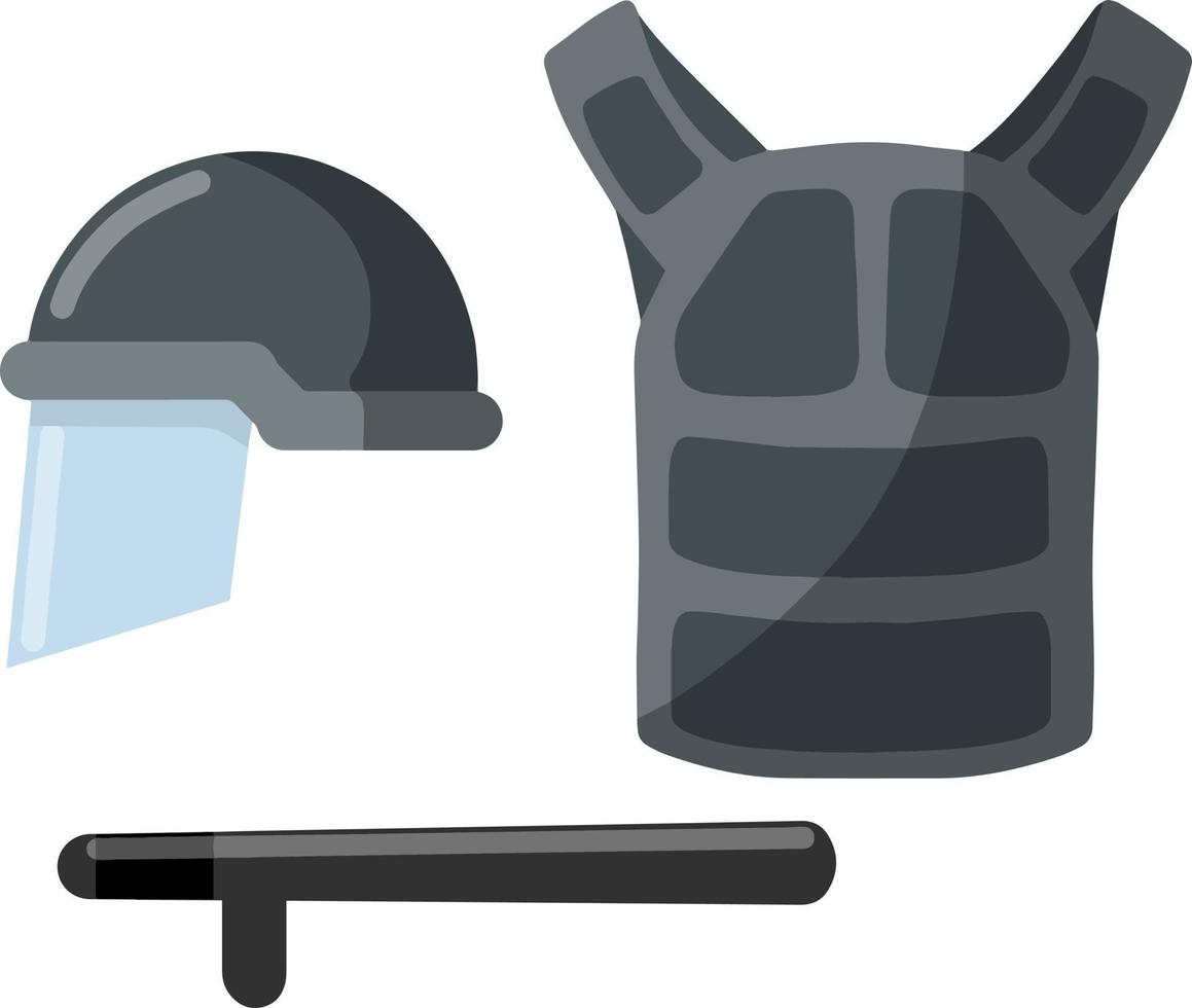 Bulletproof vest and helmet. Army clothes. Uniforms of special forces soldiers and SWAT. Military element and Rubber truncheon. Body protection equipment. Cartoon flat illustration vector