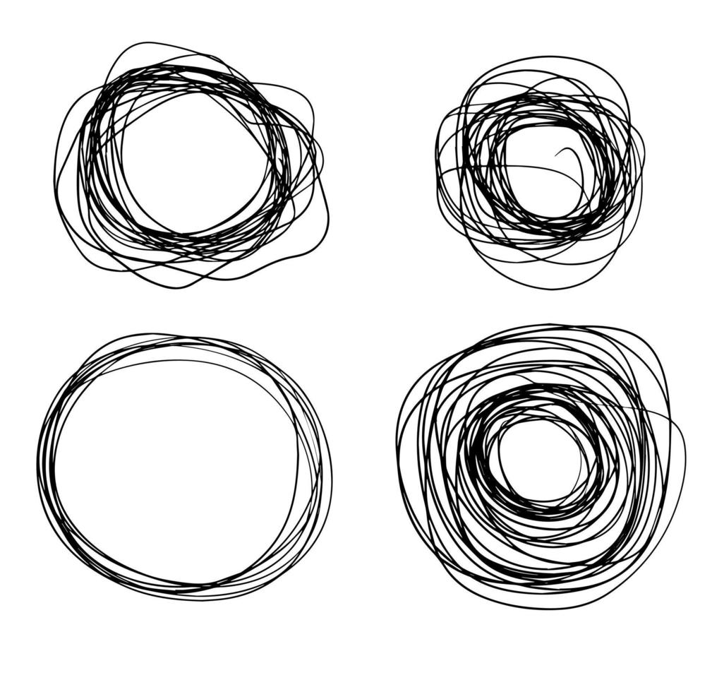 círculo de croquis. juego de anillos negros. forma geométrica abstracta. línea caótica de garabatos enredados. vector