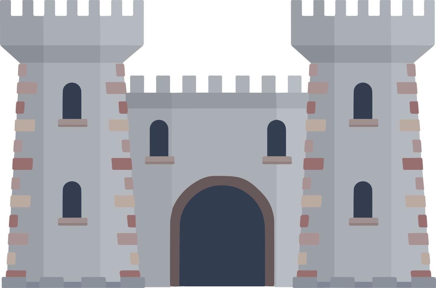 castillo de piedra europeo medieval. fortaleza del caballero. concepto de seguridad, protección y defensa. ilustración plana de dibujos animados. edificio militar con murallas, puertas y gran torre. vector