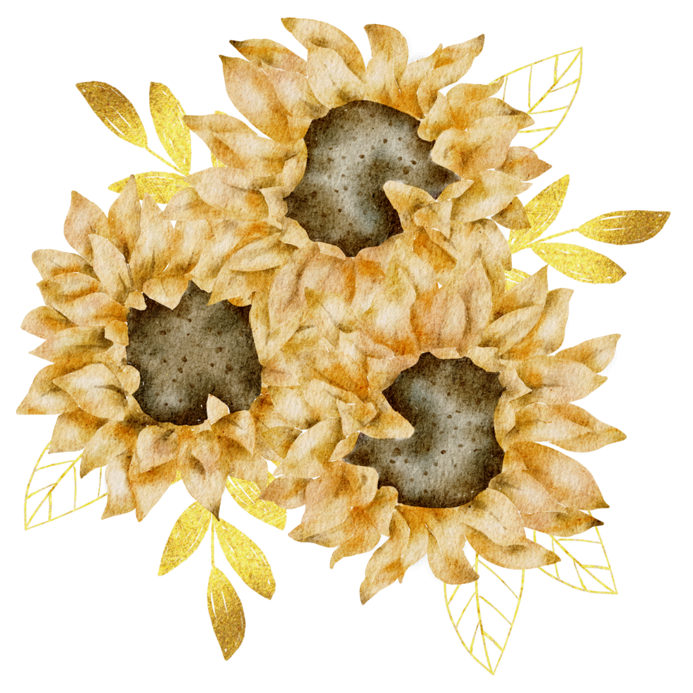 Sunflower bouquet watercolor with gold leaf png