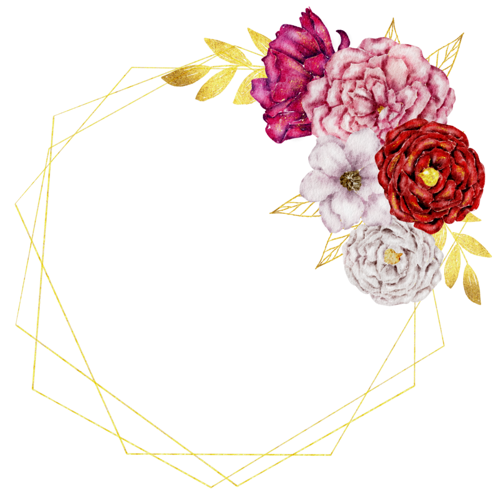 Pink and Red flower wreath watercolor with gold frame png