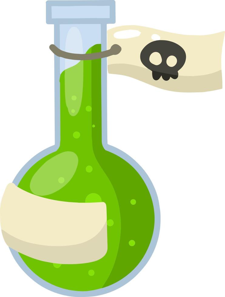 Flask of green poison. Liquid bottle. Medical preparation. Glass object. Drop of toxin. Cartoon flat illustration. Alchemical item vector