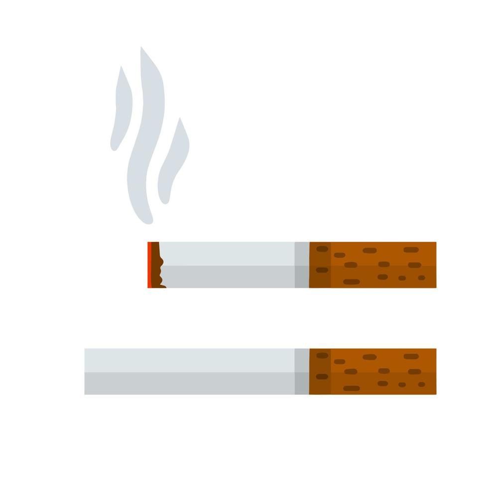 cigarrillo. fumar y una colilla de cigarrillo con humo. mal hábito. conjunto de objetos horizontales. daño y salud. ilustración de dibujos animados plana aislada en blanco vector