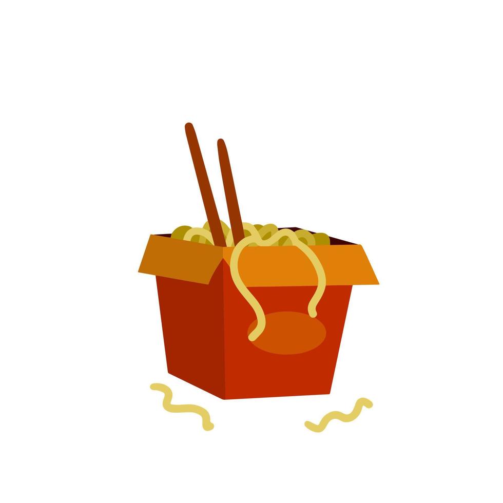 Box of noodles. Asian fast food with chopsticks. Red packaging of macaroni. Japanese and Chinese junk street food. Flat cartoon illustration vector