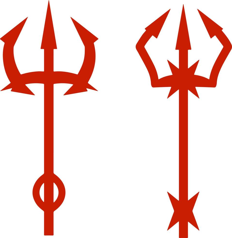 Devils Trident. Hell fork. Cartoon flat illustration. Set of Halloween red evil demon costume item. Weapon Of Satan vector