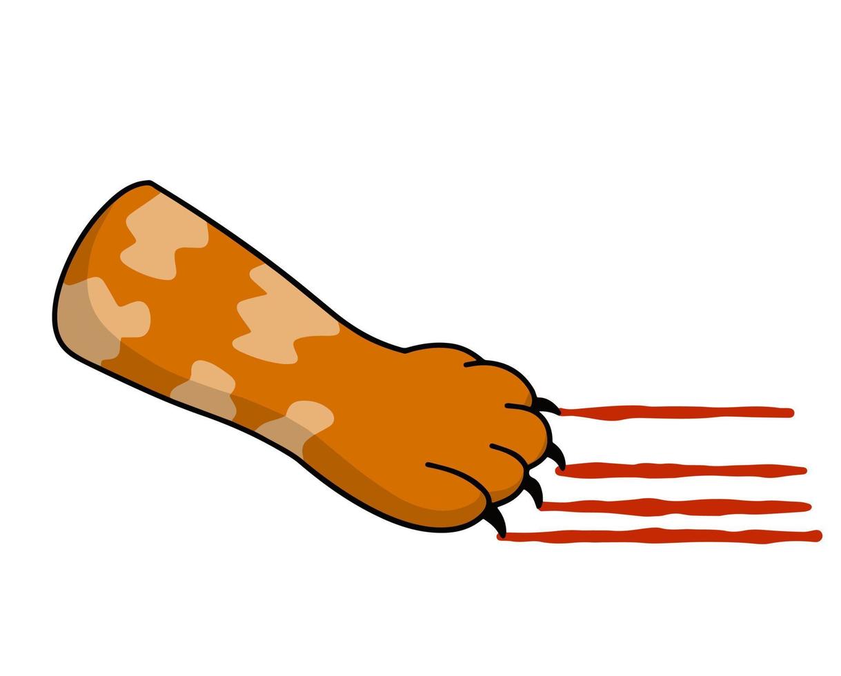 Red Cat foot. Scratch with blood trail. Aggression and injuries. Evil behavior of pet. Cartoon flat illustration vector