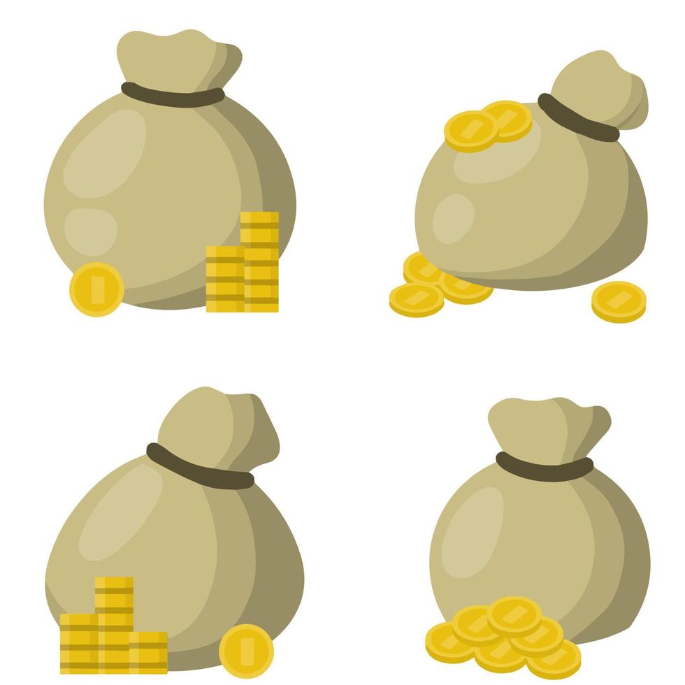 Canvas open bag with gold coins. burlap sack with money. Treasure, Bank Deposit and prize. Set of wealth. Cartoon flat illustration vector