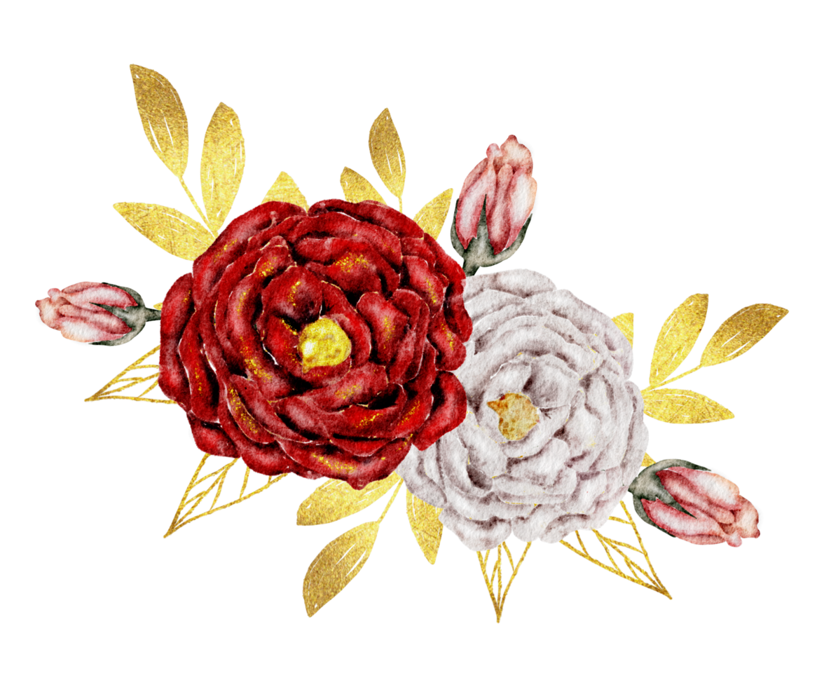 Red flower bouquet watercolor with gold leaf png