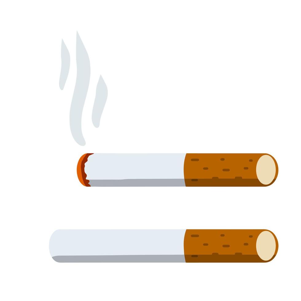 cigarrillo. fumar y una colilla de cigarrillo con humo. mal hábito. conjunto de objetos horizontales. daño y salud. ilustración de dibujos animados plana aislada en blanco vector