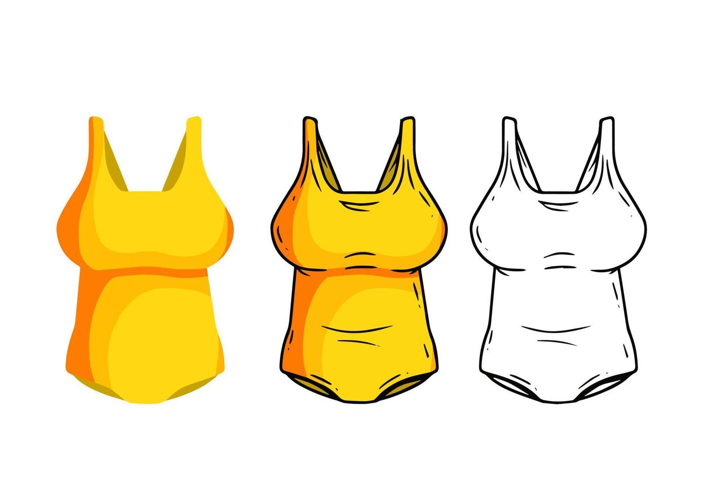 Yellow bathing suit. Set of color Women beachwear. Modern fashionable One-piece swimsuit for swimming and sports. Flat cartoon and sketch illustration vector