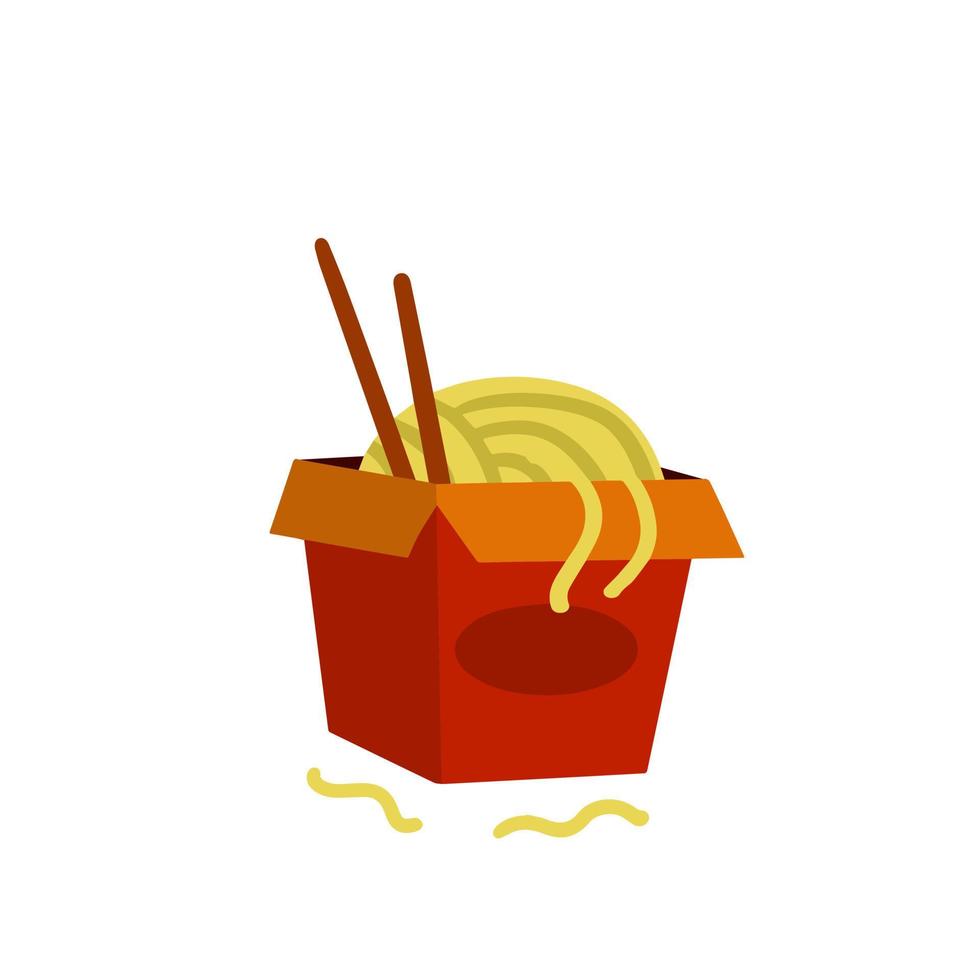 Box of noodles. Asian fast food with chopsticks. Red packaging of macaroni. Japanese and Chinese junk street food. Flat cartoon illustration vector