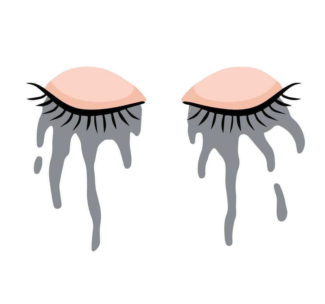 Crying eye. Smeared mascara. Black ink cosmetics on face. Closed eyelid with eyelashes. Stress and frustration. Flat cartoon vector