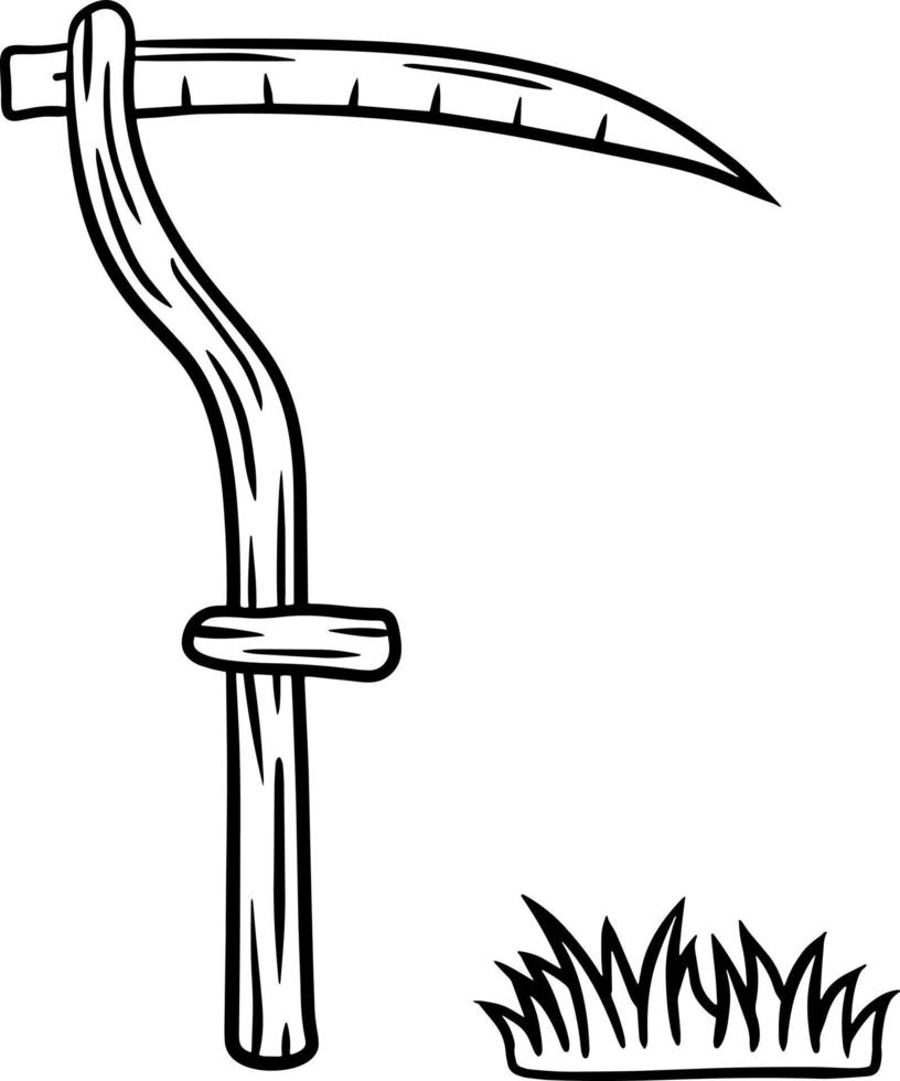 guadaña de pueblo. herramienta de madera con hoja. siega de hierba. símbolo de la cosecha rural. ilustración plana de dibujos animados sobre fondo blanco vector