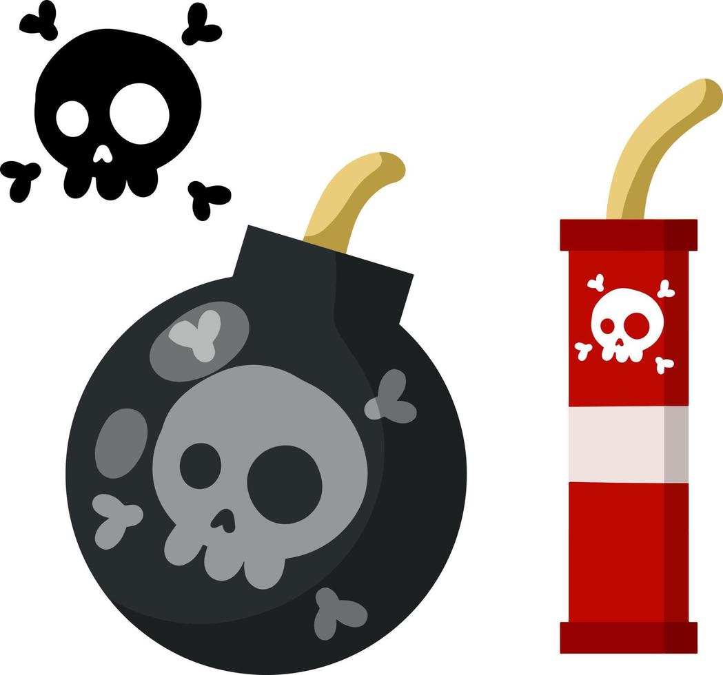 Black Bomb and explosive objects. Set of Dangerous elements. Black skull and bones. Cartoon flat illustration. Red stick of dynamite vector