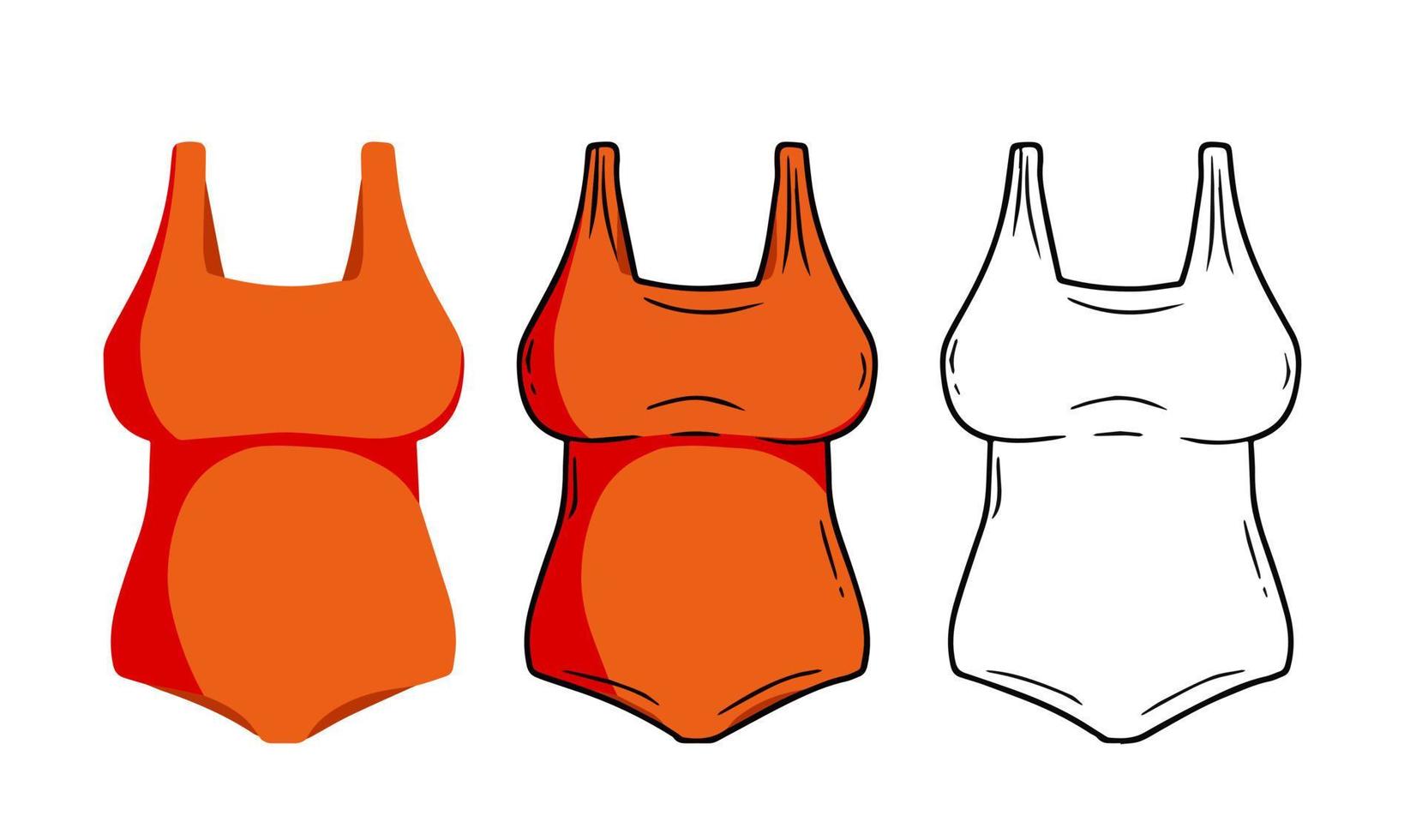 traje de baño rojo. conjunto de ropa de playa de mujer de color. traje de baño moderno de una pieza para nadar y hacer deporte. caricatura plana e ilustración de croquis vector