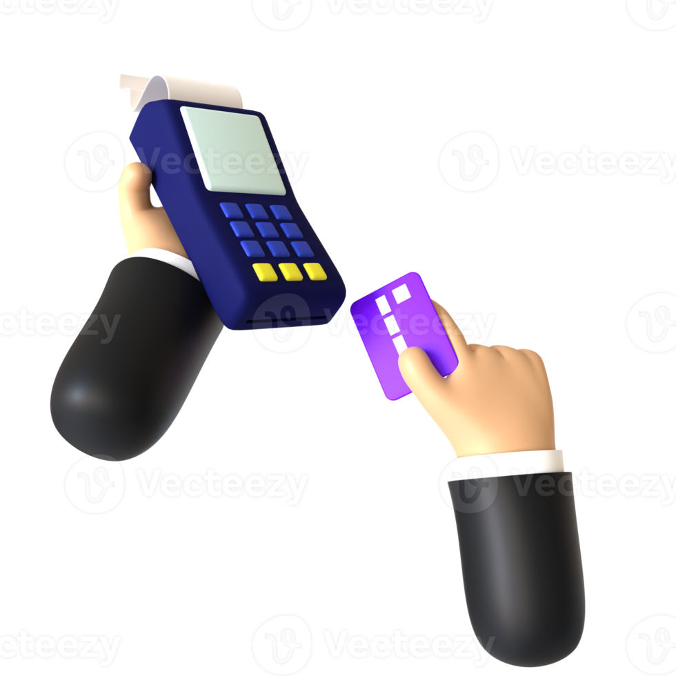 cartão de crédito swiping gesto de mão renderização 3d isolada em fundo transparente. ui ux icon design web e tendência de aplicativos png