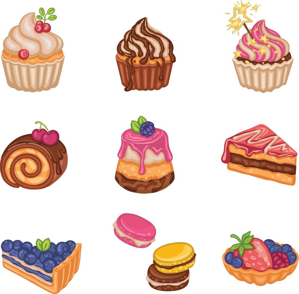 juego de postre de pastel de dulces, ilustración dibujada a mano vector