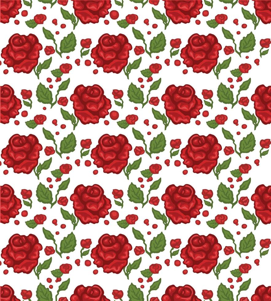 Vector seamless pattern with red roses branches on a white background. Vector illustration