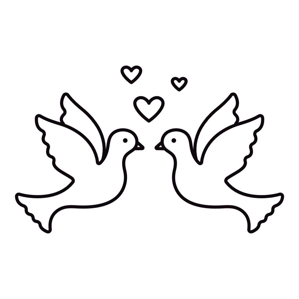 Couple of doves icon with heart. Simple editable design of line icon for wedding. Pigeons vector