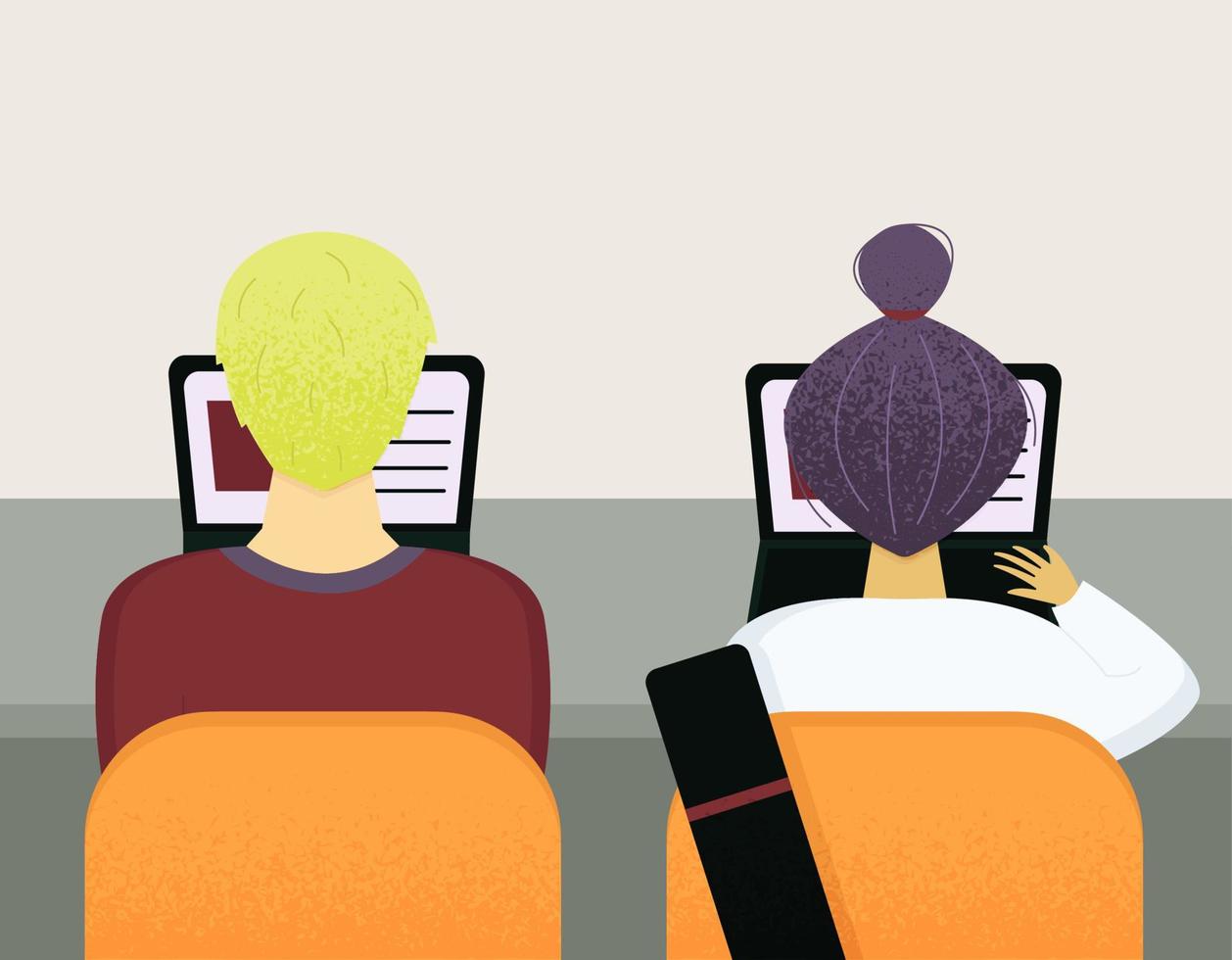 Boy and girl sitting at the table. Education concept with students, pupils or business. Vector illustration