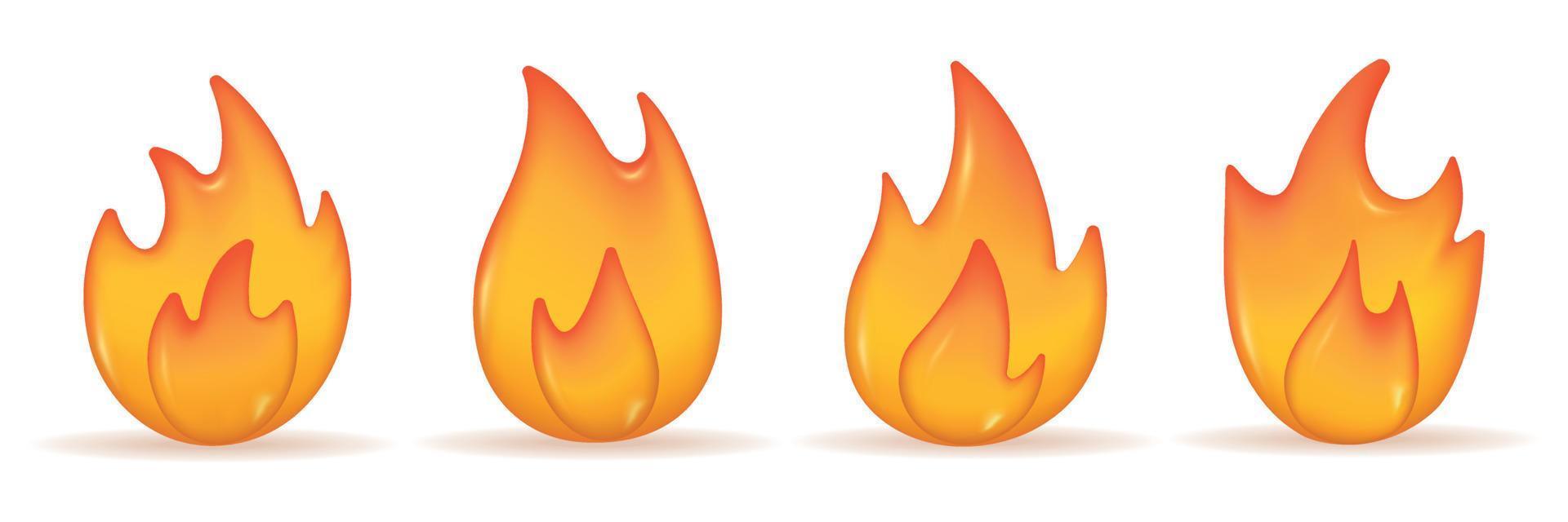 Fire 3d icon set isolated on white background. Different flame shapes. Vector realistic fireball illustration