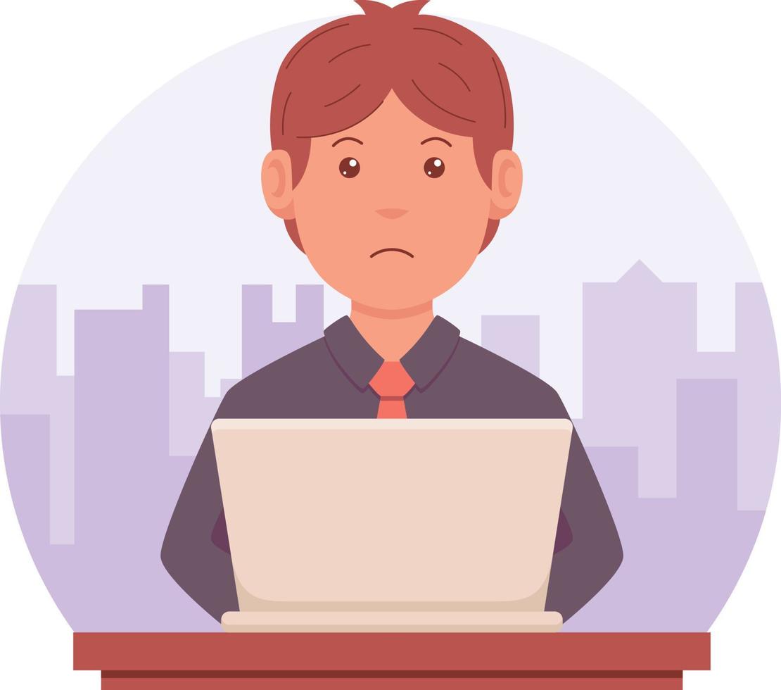 retrato de un hombre que organiza un evento usando una computadora portátil contra el fondo de una ciudad vector