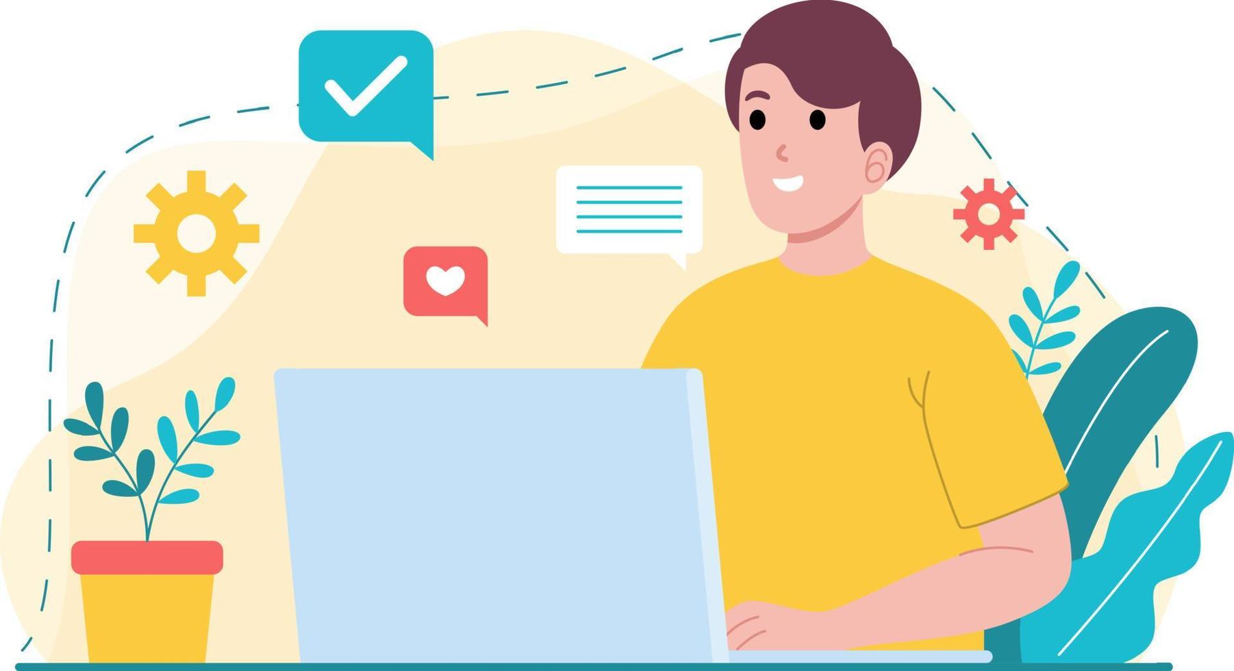 young worker use computer and internet during working at home, communication network in cartoon character style, design flat illustration vector