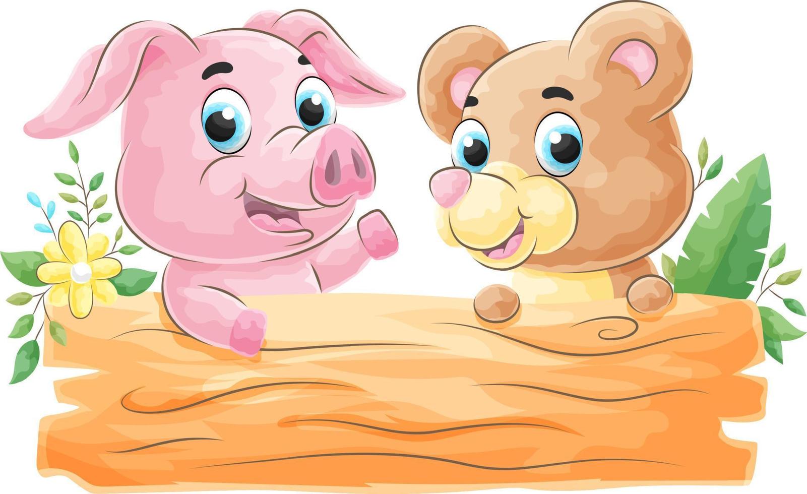 Cute Pig and Bear with Wood Sign Board , watercolor illustration vector