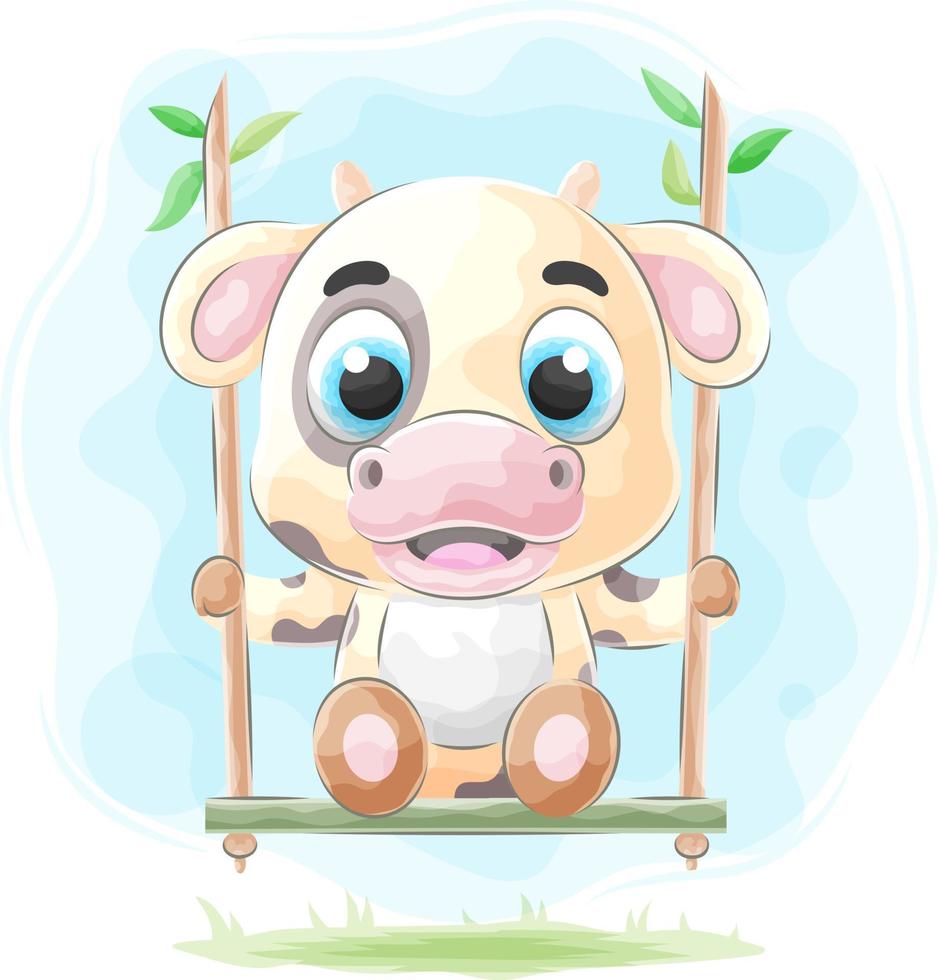 Cute doodle cow playing on a swing with watercolor illustration vector