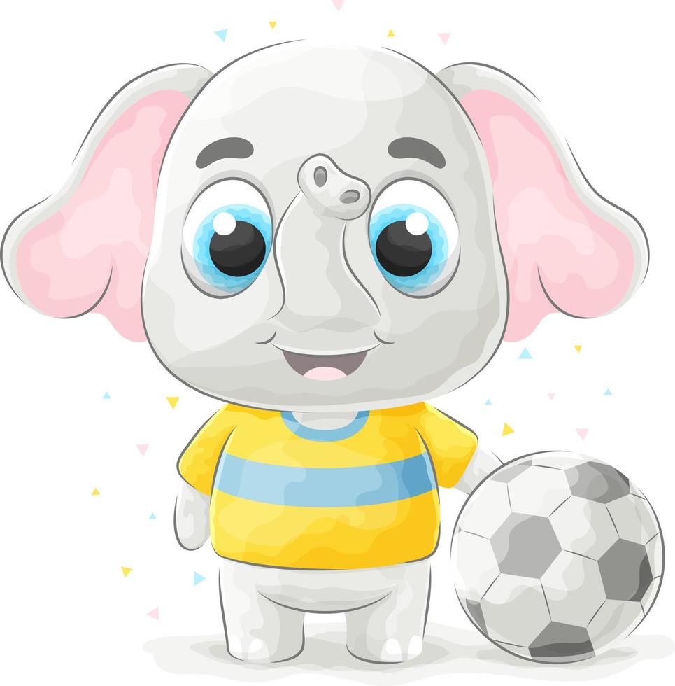 lindo elefante de garabato jugando al fútbol con ilustración de acuarela vector